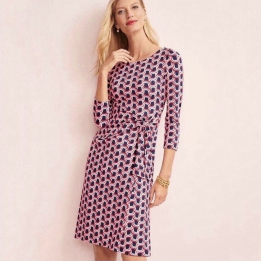 Talbots Side Tie Swirl Dress SP Pink Blue Wave Geo Print Faux Wrap Small Petite - Picture 8 of 9